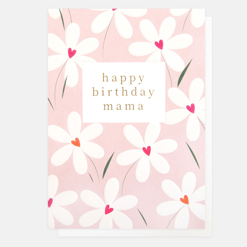 white daisies with red hearts on pink background, happy birthday mama card