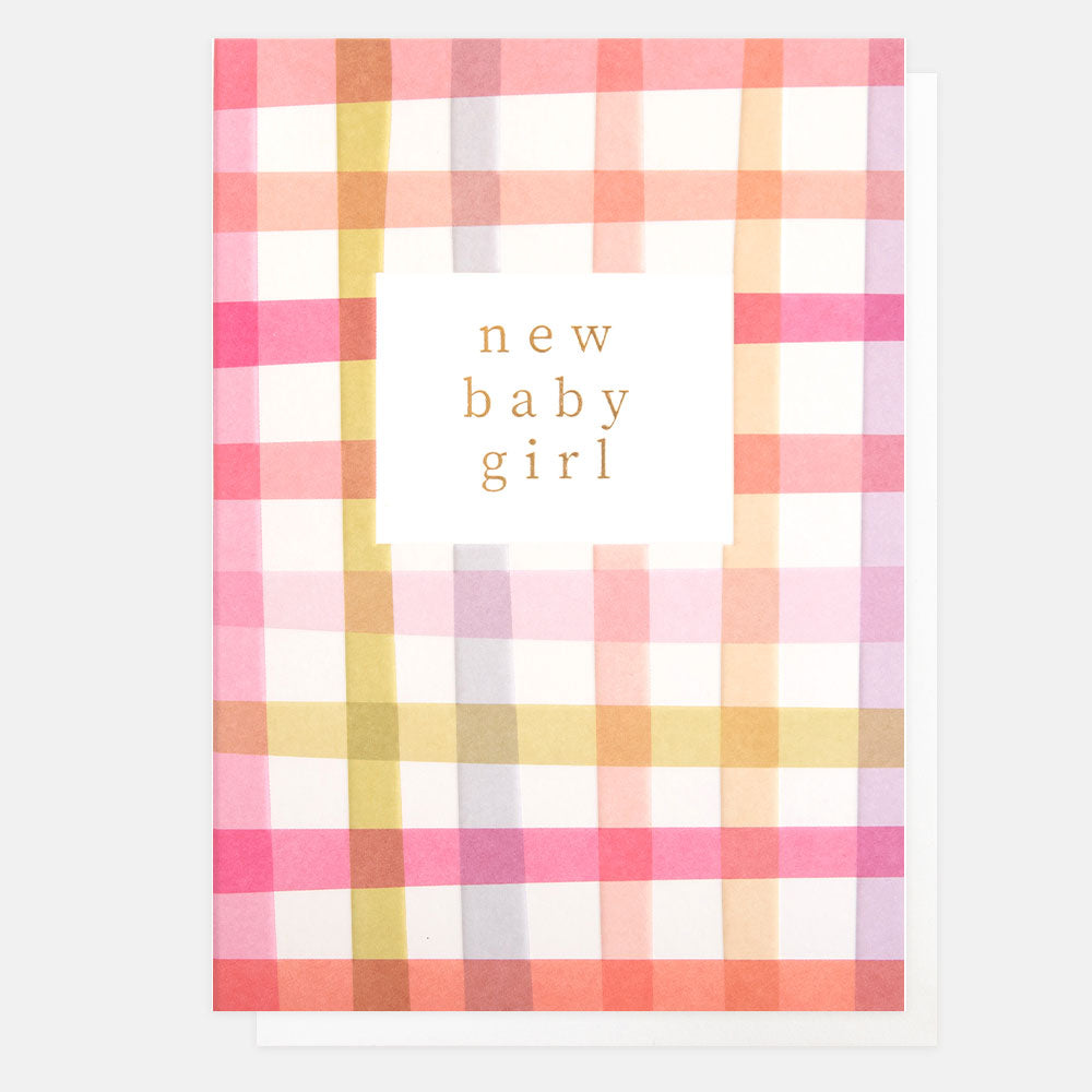 pink, purple & yellow grid check new baby girl card