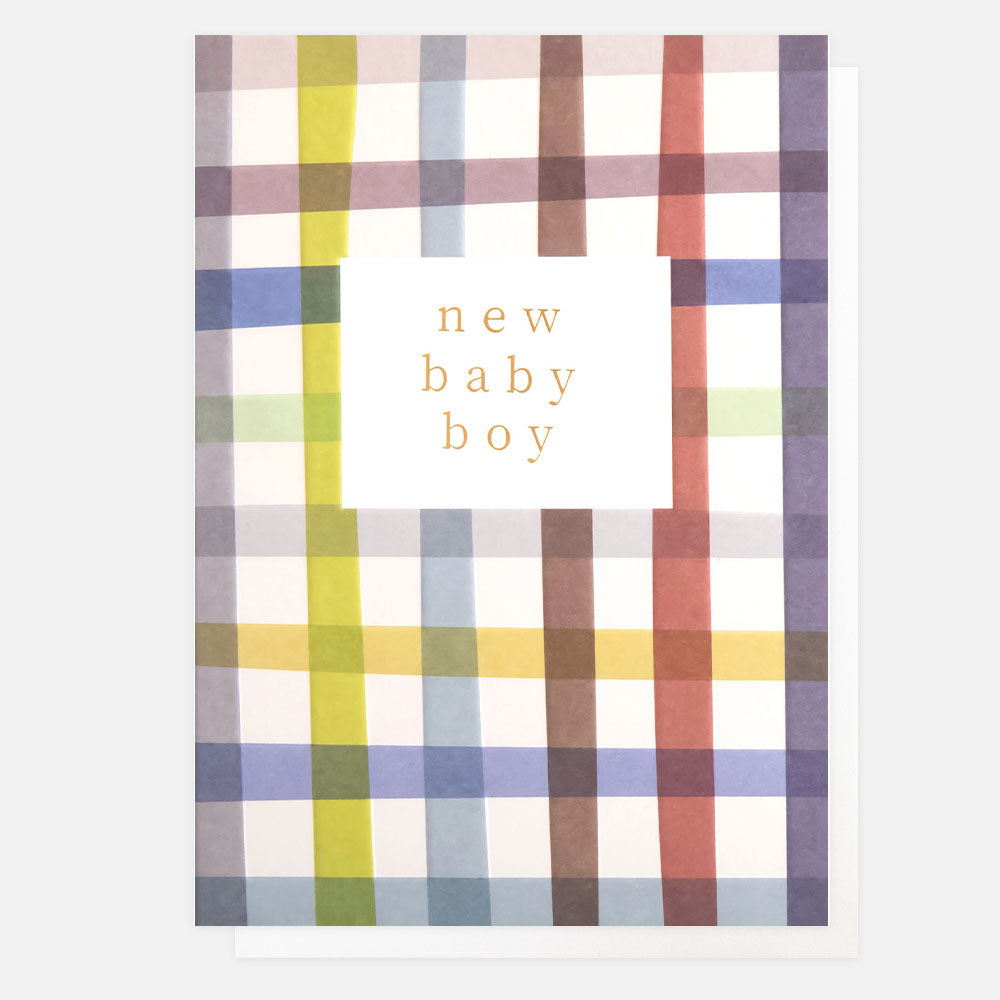 multi coloured grid check new baby boy card