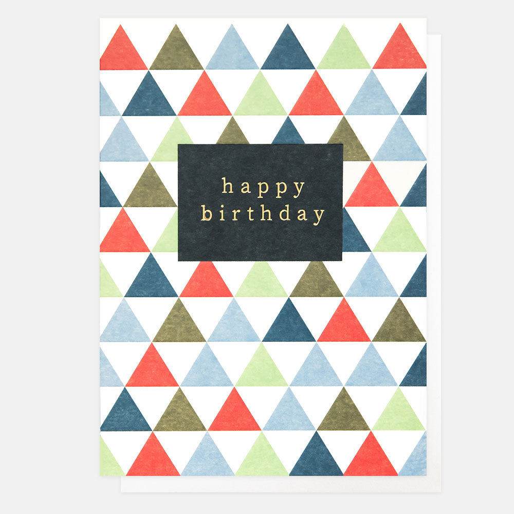 small red, green and blue triangles happy birthday card