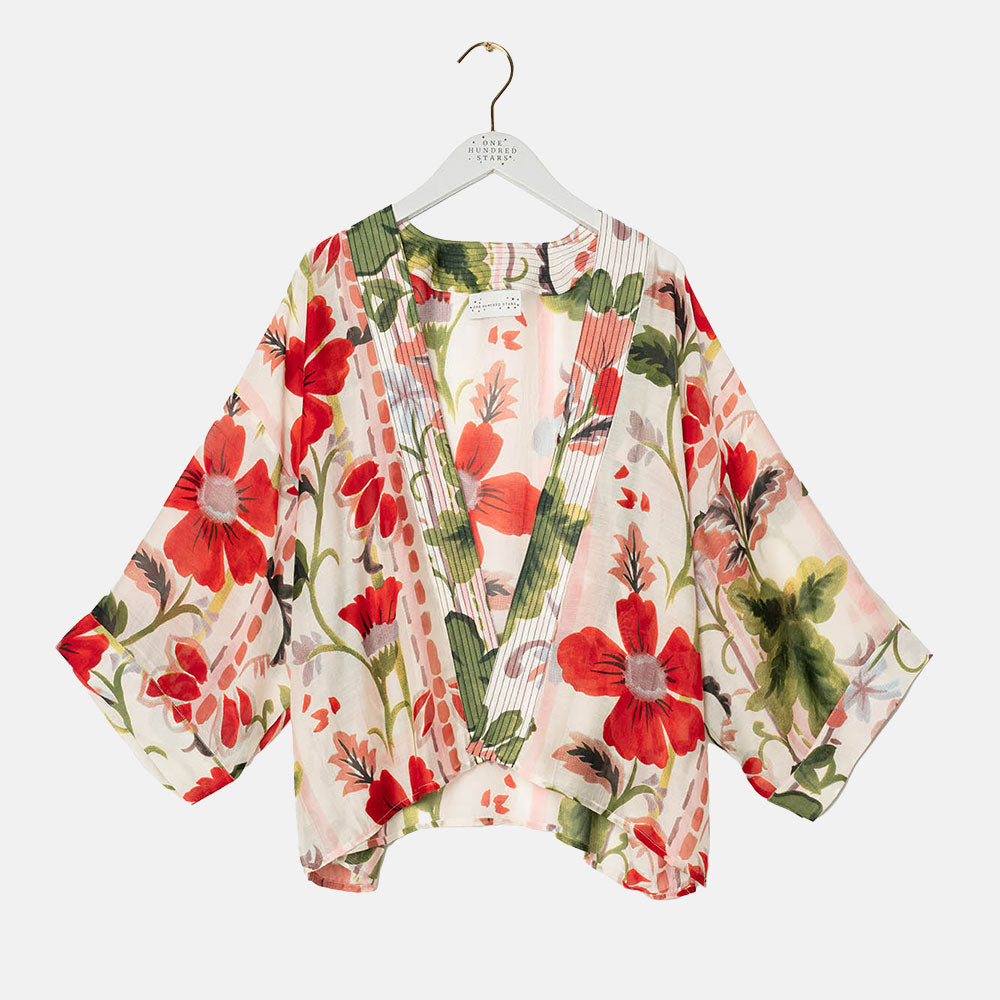 red poppies print short kimono jacket made by one hundred stars 