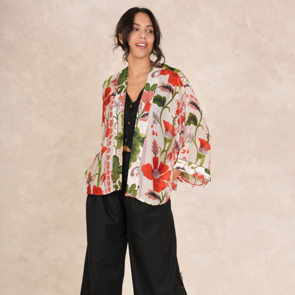 red poppies print short kimono jacket made by one hundred stars 