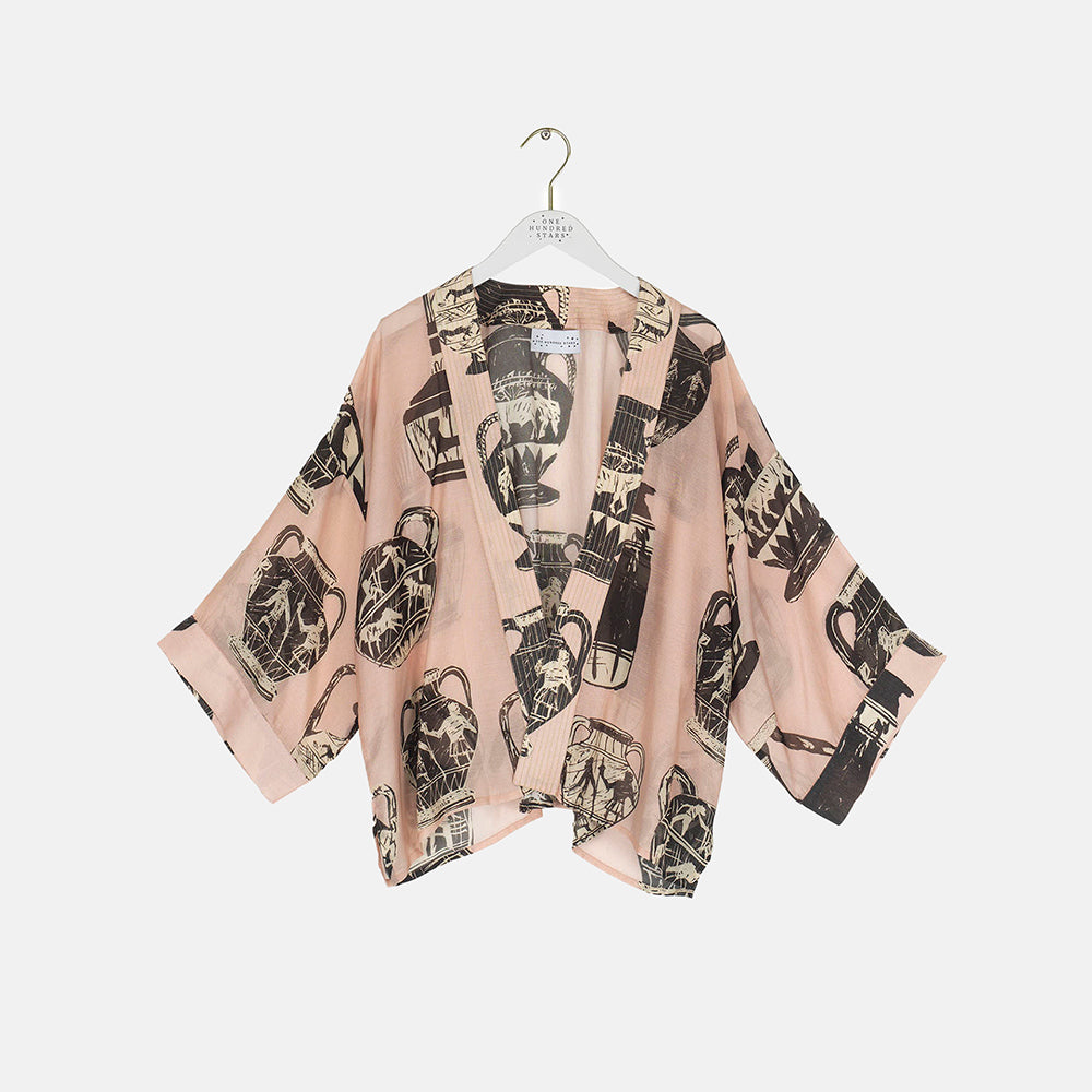 pale pink with Greece pots print short kimono jacket, made by one hundred stars