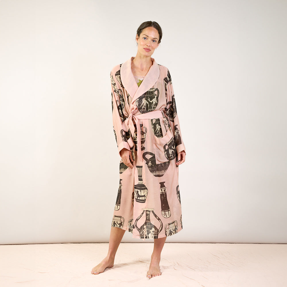 Greek pots print on a pink base lightweight dressing gown, made by one hundred stars