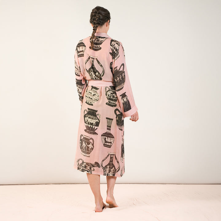 Greek pots print on a pink base lightweight dressing gown, made by one hundred stars