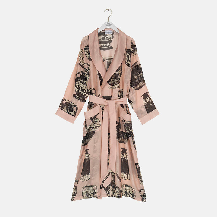 Greek pots print on a pink base lightweight dressing gown, made by one hundred stars