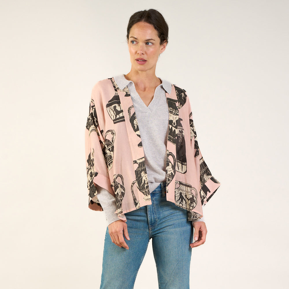 pale pink with Greece pots print short kimono jacket, made by one hundred stars