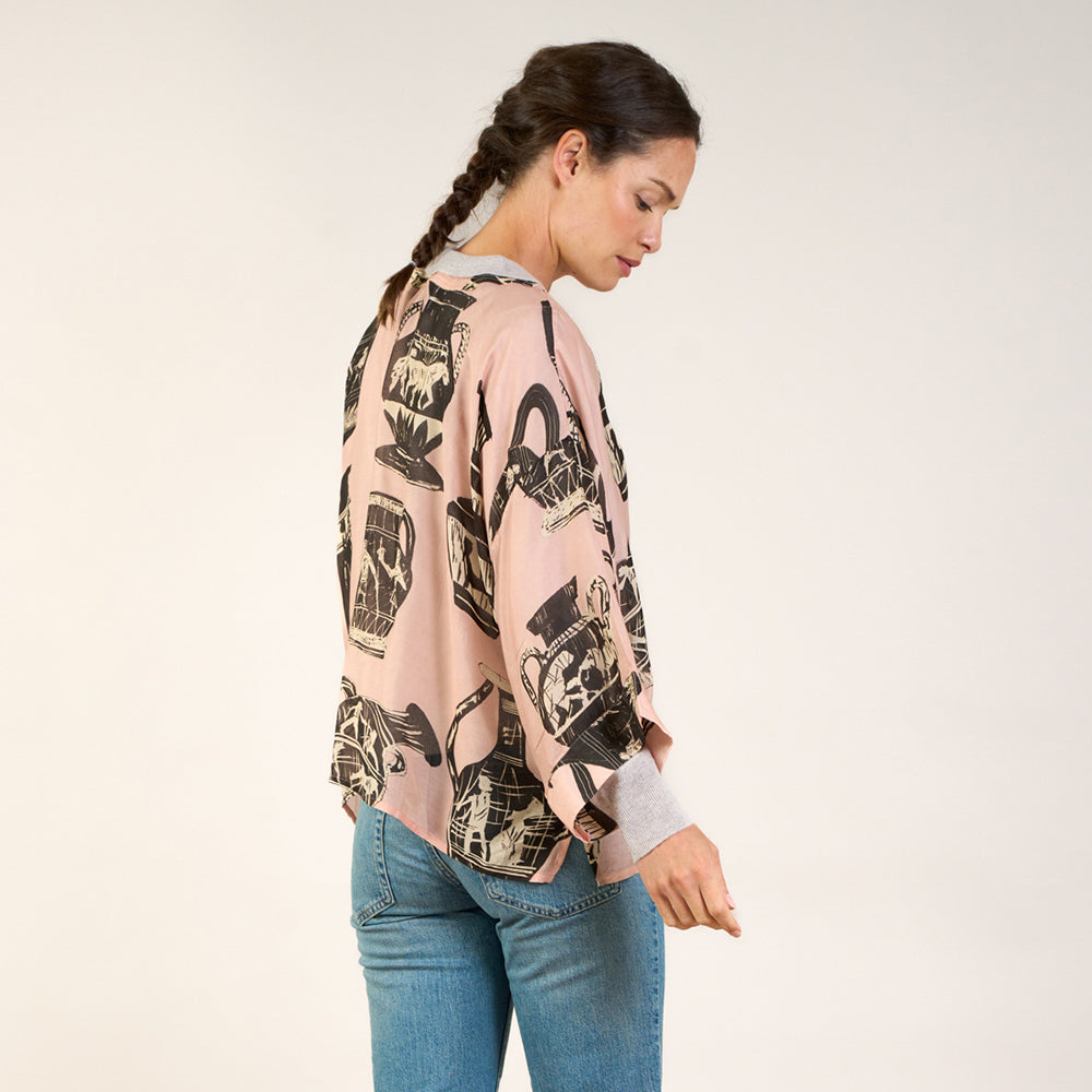 pale pink with Greece pots print short kimono jacket, made by one hundred stars