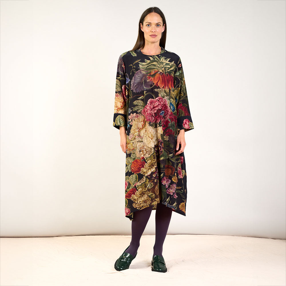 colourful floral print on a black base 3/4 asymmetric dress, made by one hundred stars