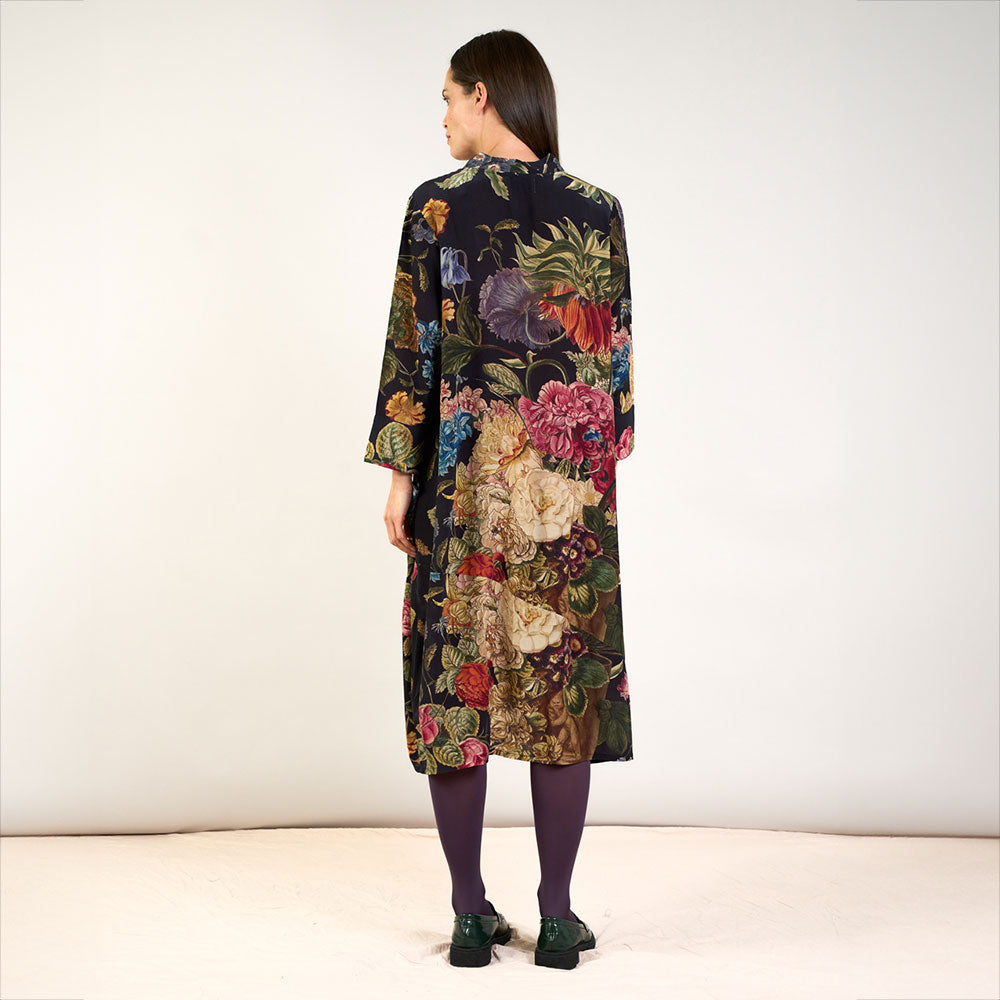 colourful floral print on a black base 3/4 asymmetric dress, made by one hundred stars