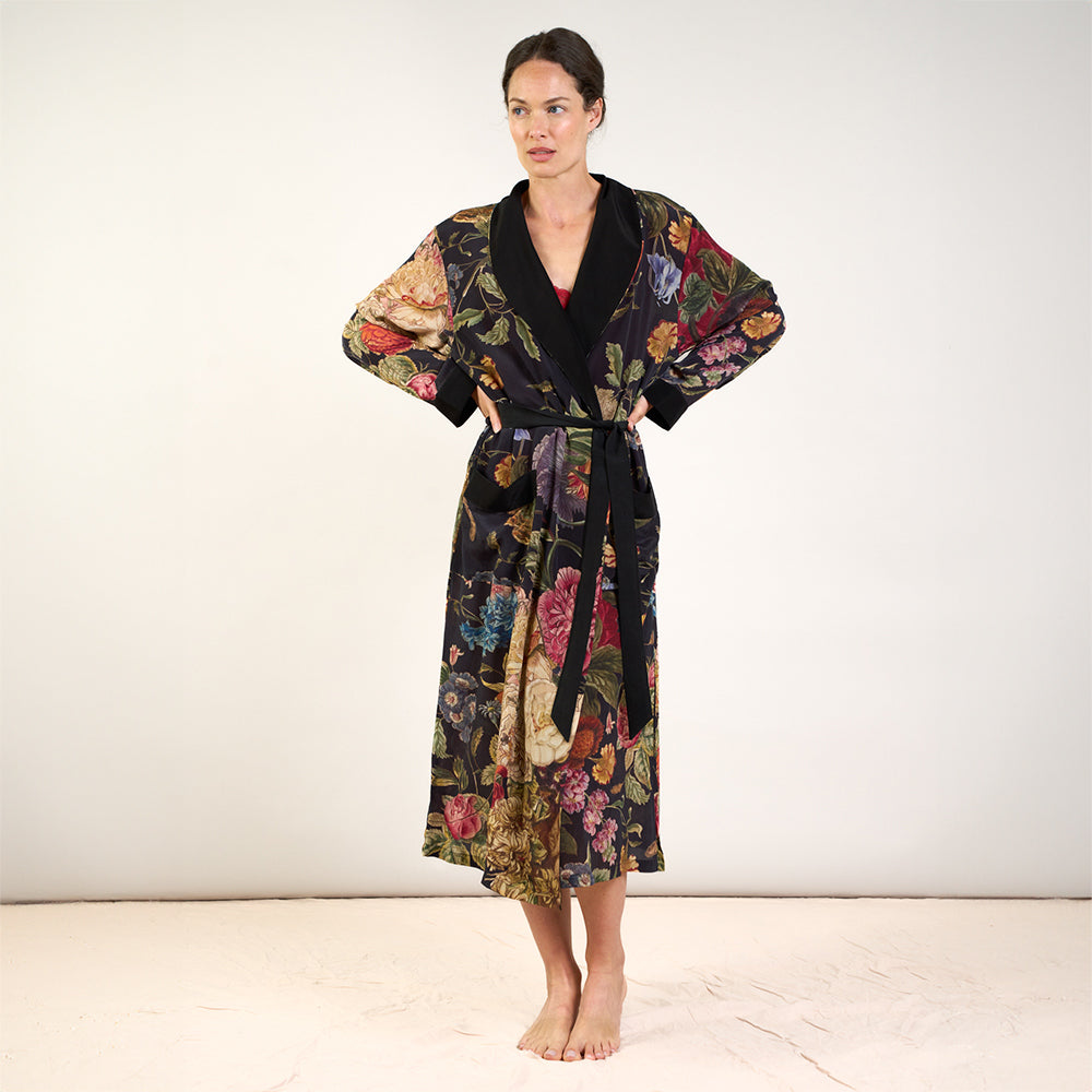 colourful floral print on dark blue base luxury crepe dressing gown, made by one hundred stars