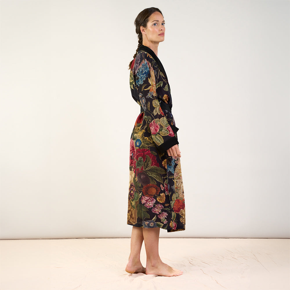 colourful floral print on dark blue base luxury crepe dressing gown, made by one hundred stars