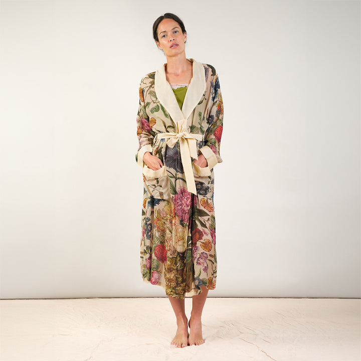 colourful floral prints on a stone base lightweight dressing gown, made by one hundred stars