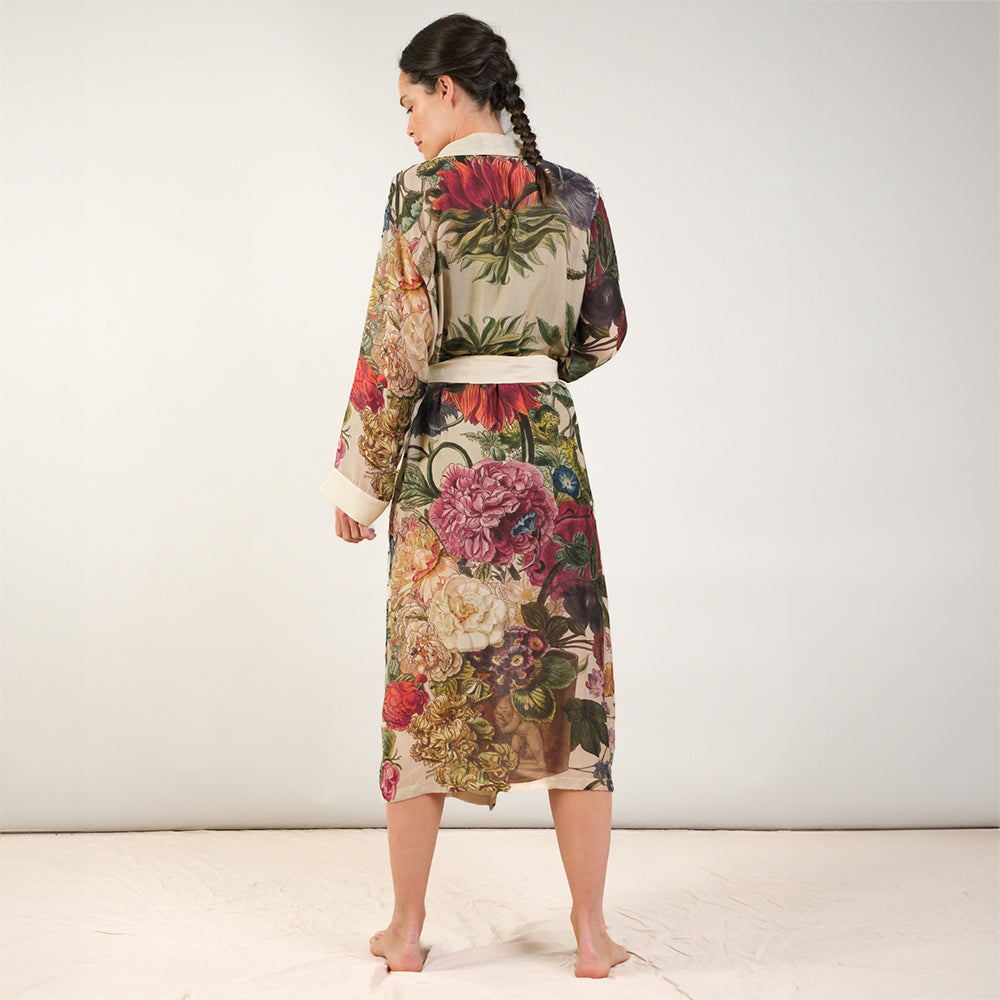 colourful floral prints on a stone base lightweight dressing gown, made by one hundred stars