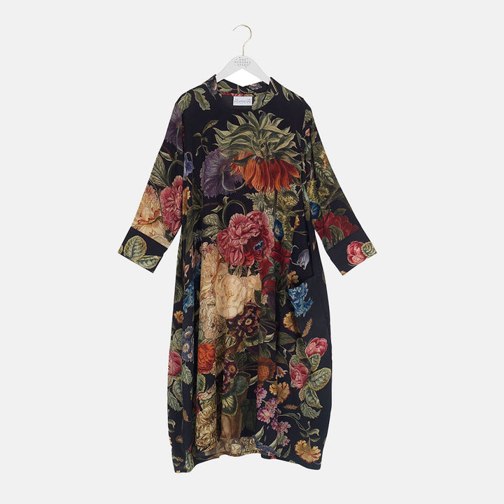 colourful floral print on a black base 3/4 asymmetric dress, made by one hundred stars