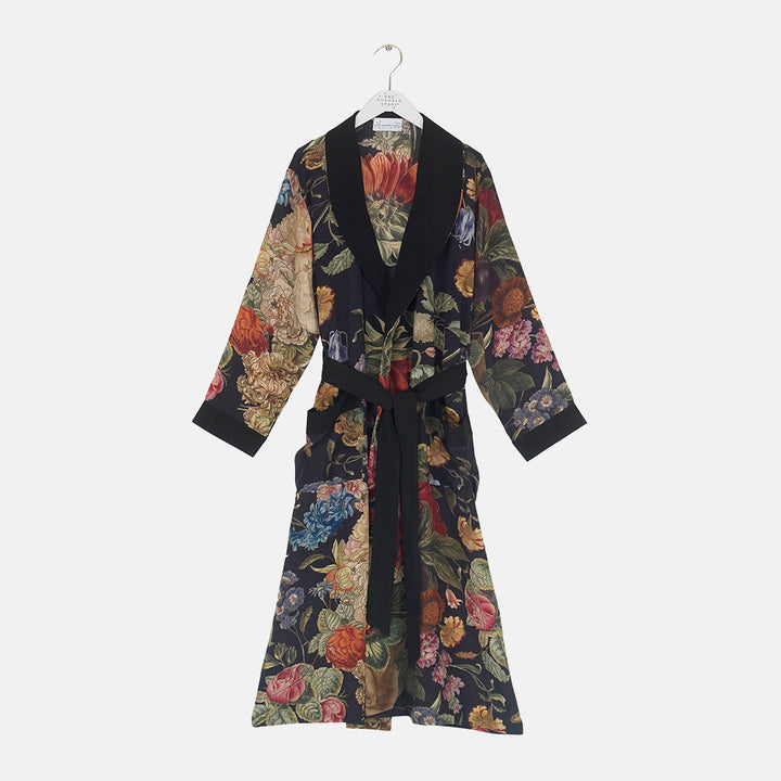 colourful floral print on dark blue base luxury crepe dressing gown, made by one hundred stars