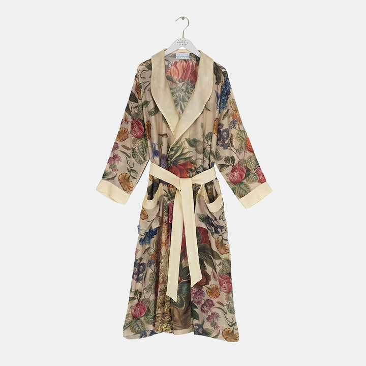 colourful floral prints on a stone base lightweight dressing gown, made by one hundred stars