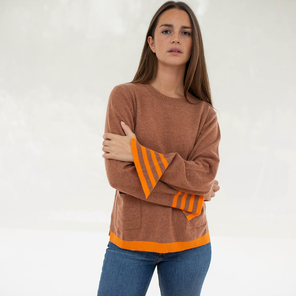 toffee brown pure cashmere crew neck jumper with orange waist trim and striped cuffs, made by Cocoa Cashmere