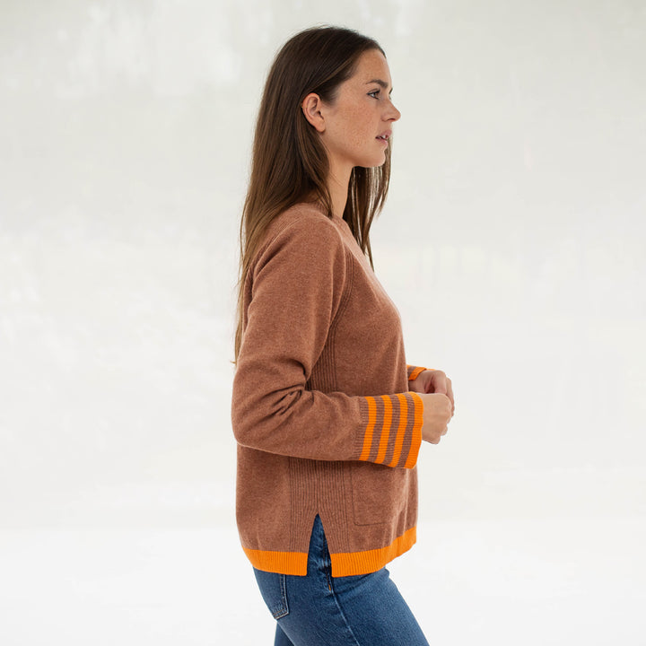 toffee brown pure cashmere crew neck jumper with orange waist trim and striped cuffs, made by Cocoa Cashmere