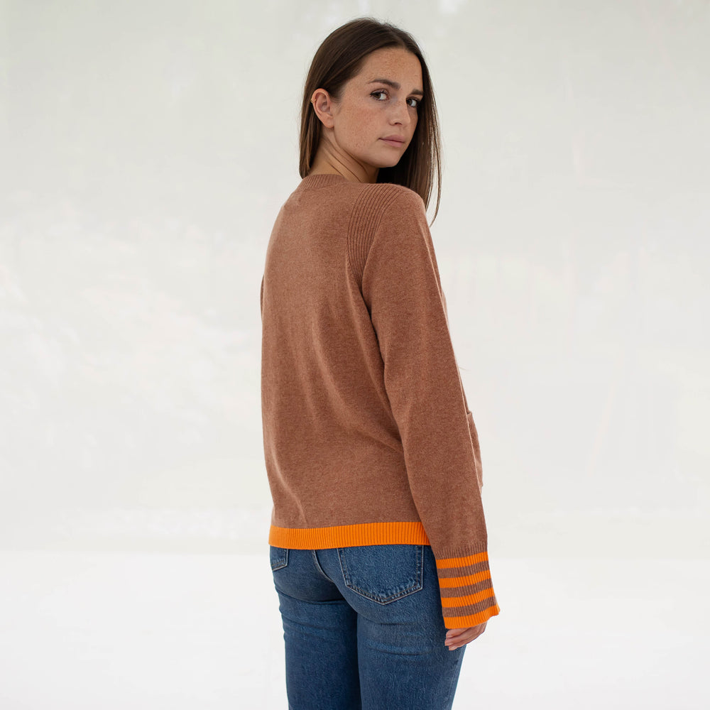 toffee brown pure cashmere crew neck jumper with orange waist trim and striped cuffs, made by Cocoa Cashmere