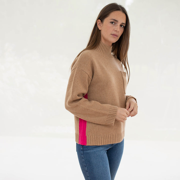 fudge brown merino & cashmere blend funnel neck jumper with hot pink side panels, made by Cocoa Cashmere