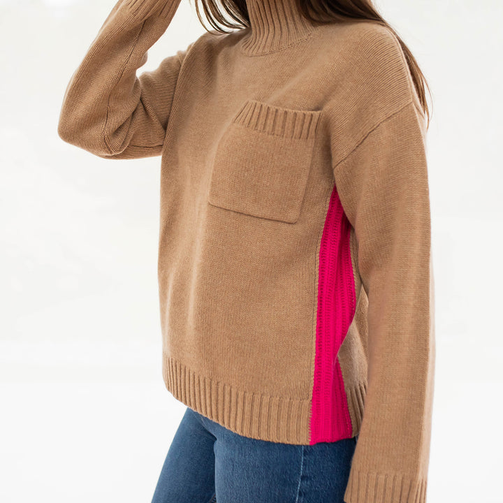 fudge brown merino & cashmere blend funnel neck jumper with hot pink side panels, made by Cocoa Cashmere