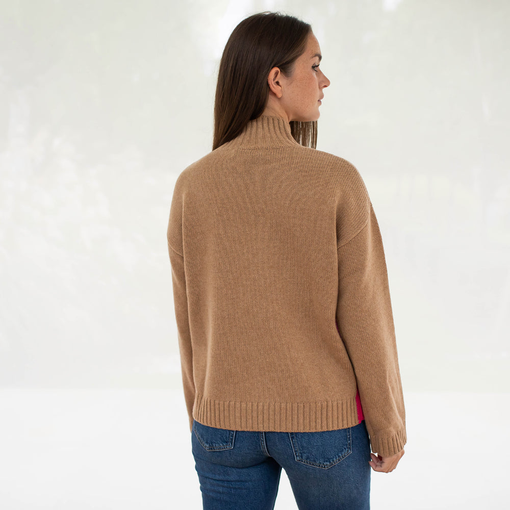 fudge brown merino & cashmere blend funnel neck jumper with hot pink side panels, made by Cocoa Cashmere