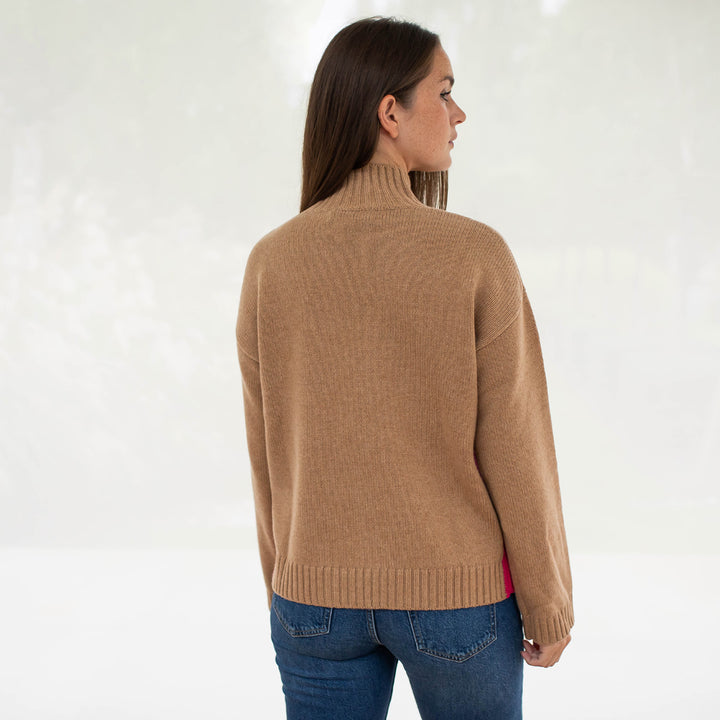 fudge brown merino & cashmere blend funnel neck jumper with hot pink side panels, made by Cocoa Cashmere