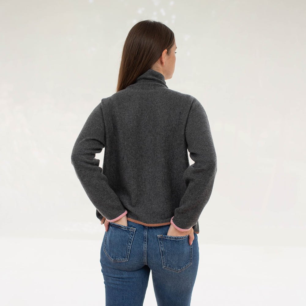 ash grey pure cashmere jumper with pink cuff trim and brown waist trim, made by Cocoa Cashmere