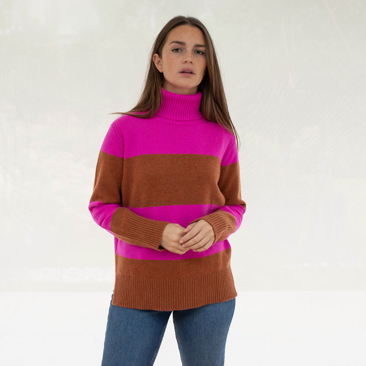 brown and bright pink block stripe roll neck pure cashmere jumper, made by Cocoa Cashmere