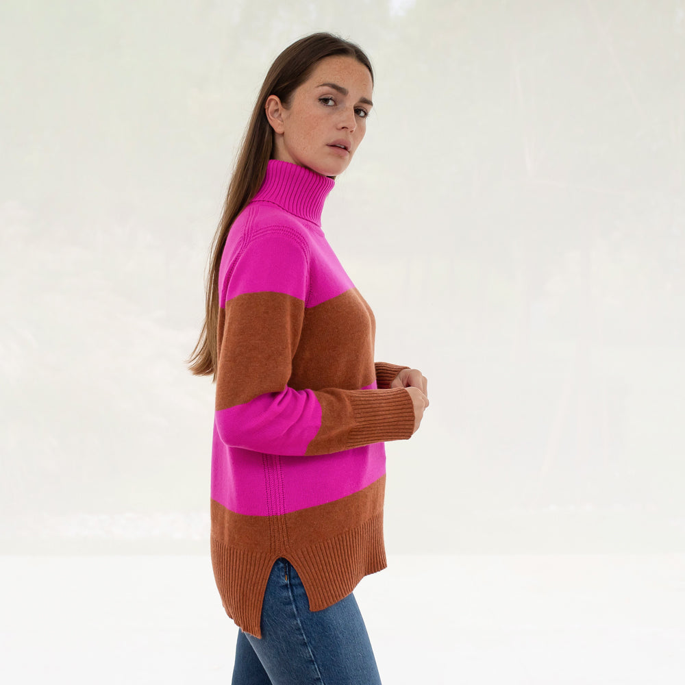 brown and bright pink block stripe roll neck pure cashmere jumper, made by Cocoa Cashmere