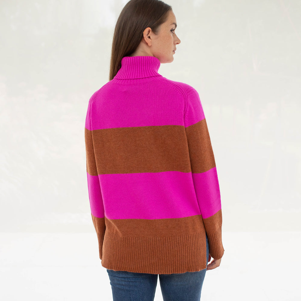 brown and bright pink block stripe roll neck pure cashmere jumper, made by Cocoa Cashmere