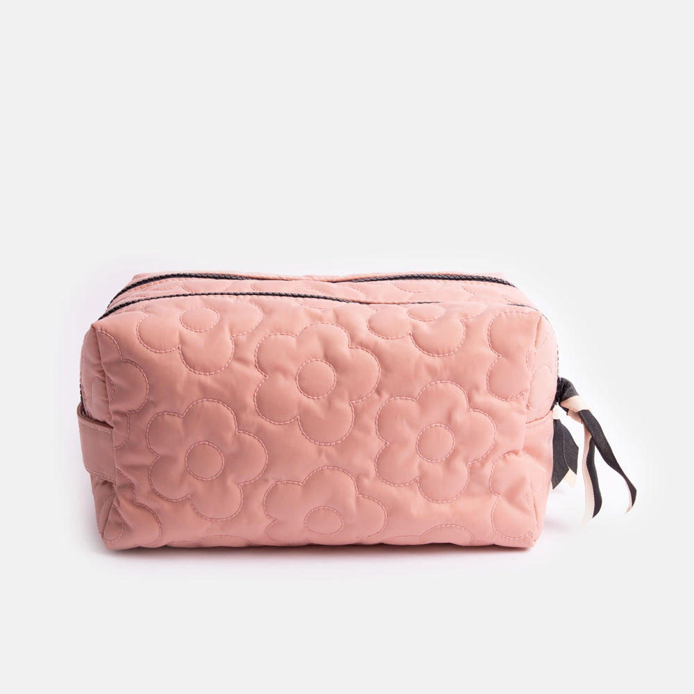 pink flower quilted large travel wash bag with heart print wipe clean lining, double zip opening and grab handle