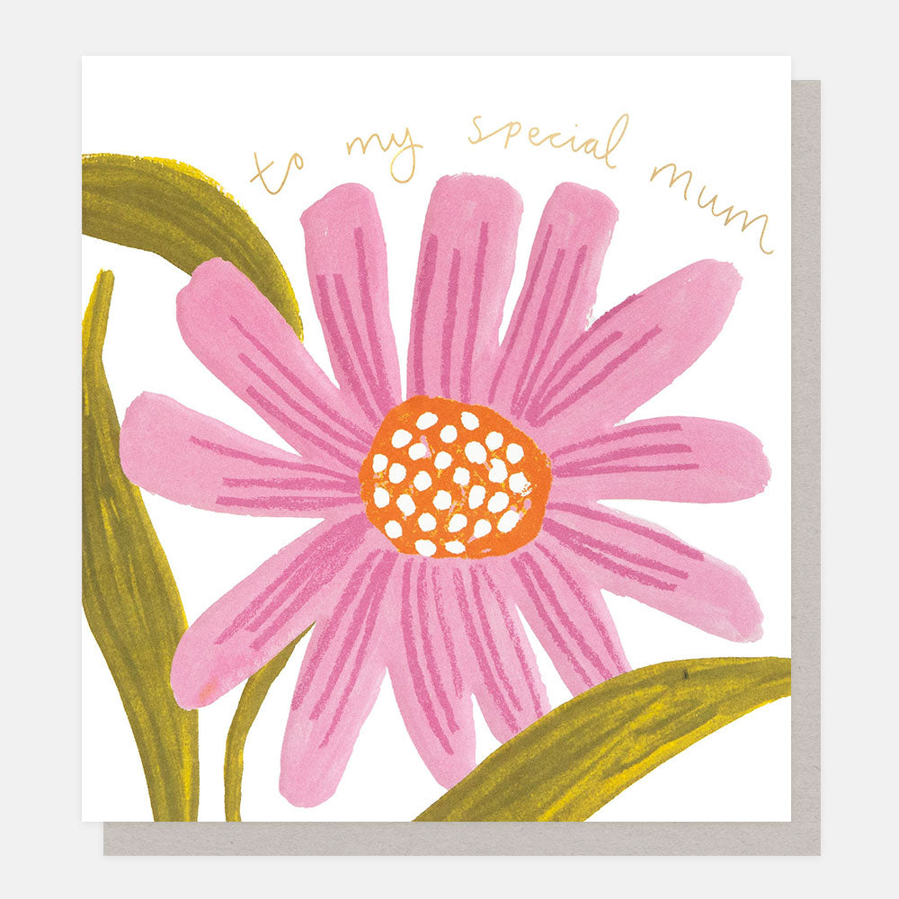 greetings card with a big pink flower design on a white background and the text 'to my special mum'