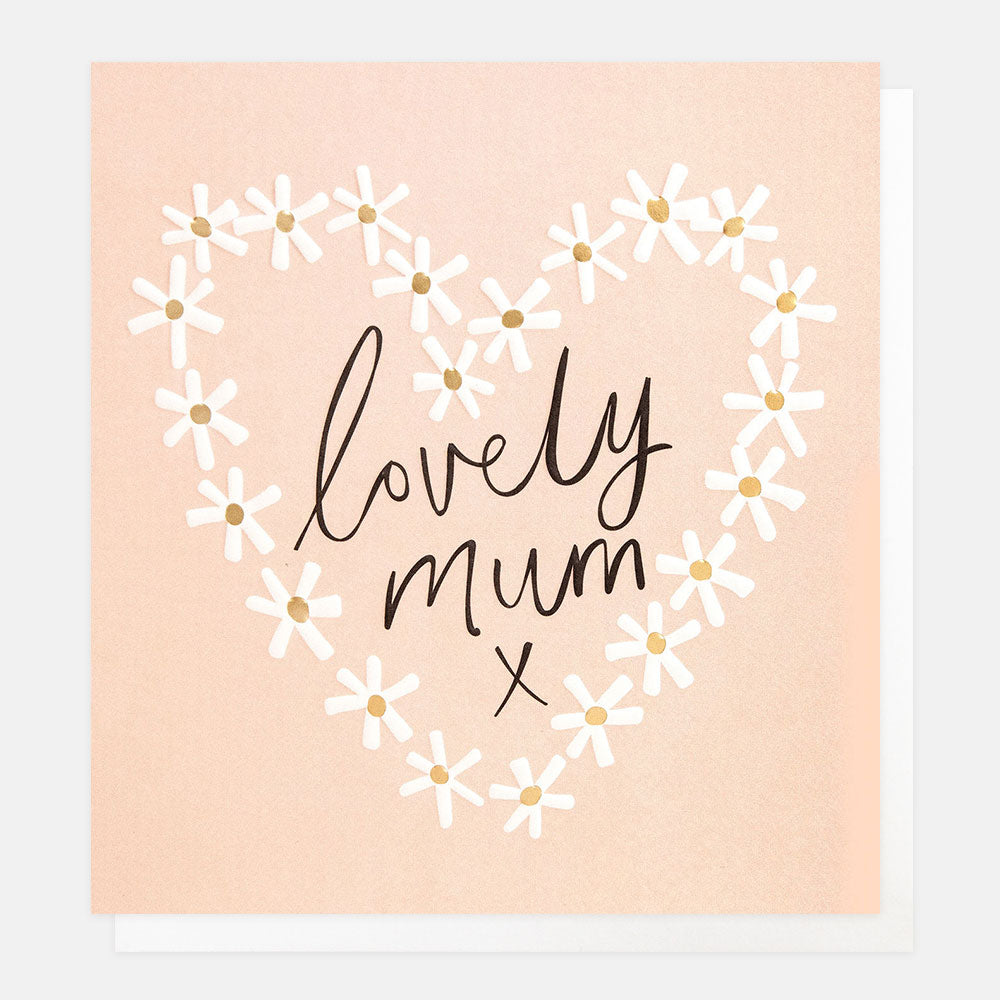 Card with 'lovely mum' text surrounded by a heart of flowers on a pink background