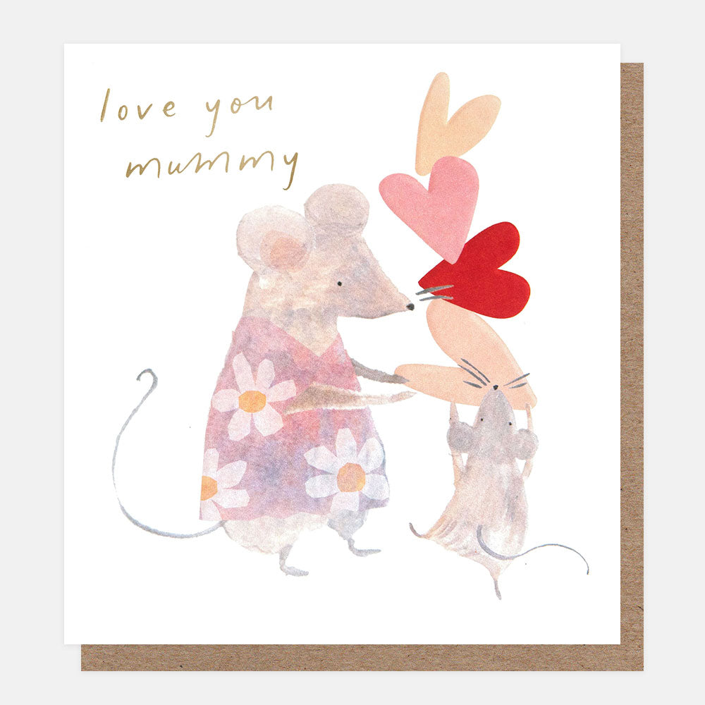 Greeting card with two mice holding hearts and the text 'love you mummy' on a white background.