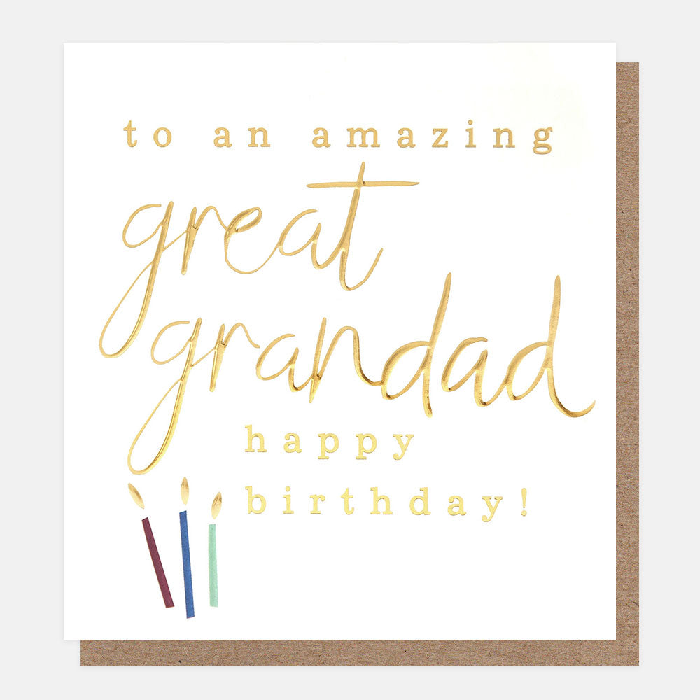 birthday card featuring small candles and the 'to an amazing great grandad' message in gold foil