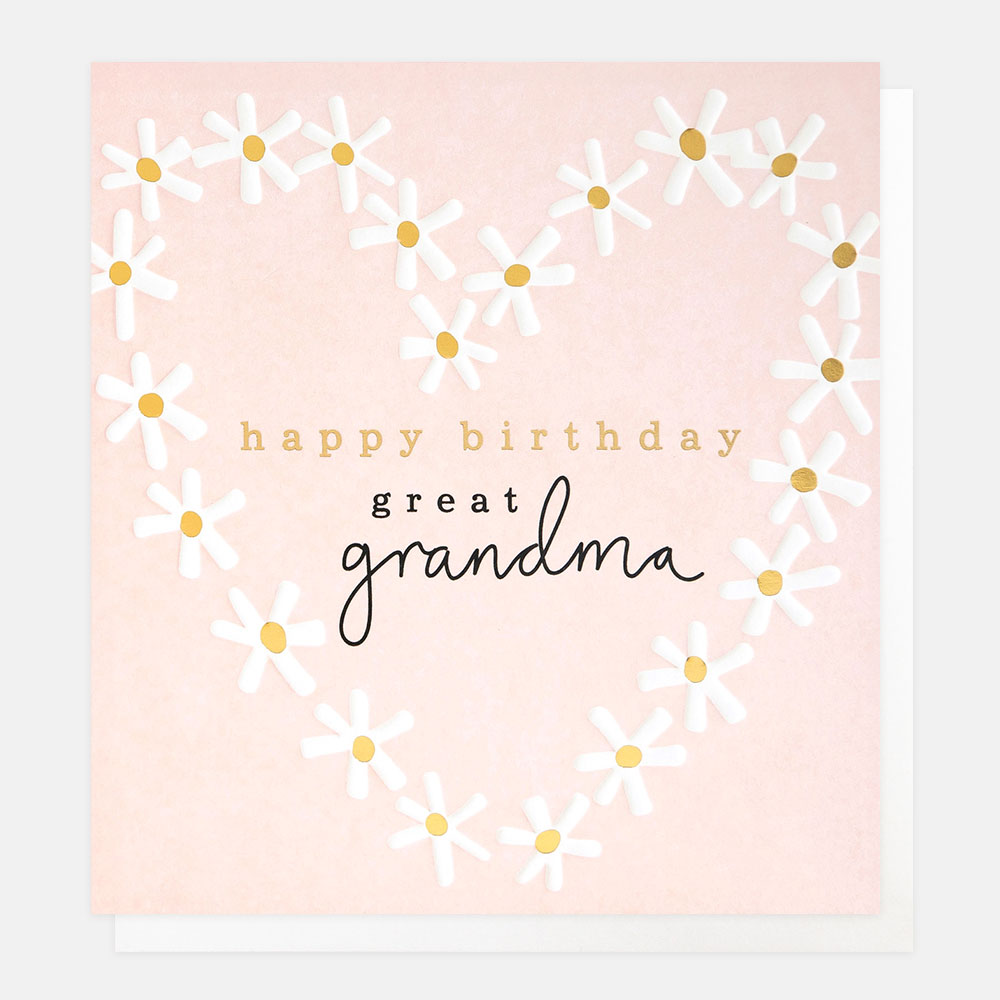 birthday card featuring daisies in the shape of a heart and 'happy birthday great grandma' message over a pale pink background