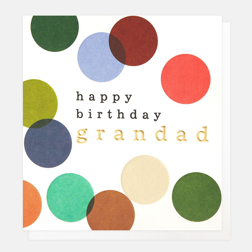 birthday card featuring colourful spots and 'happy birthday grandad' message