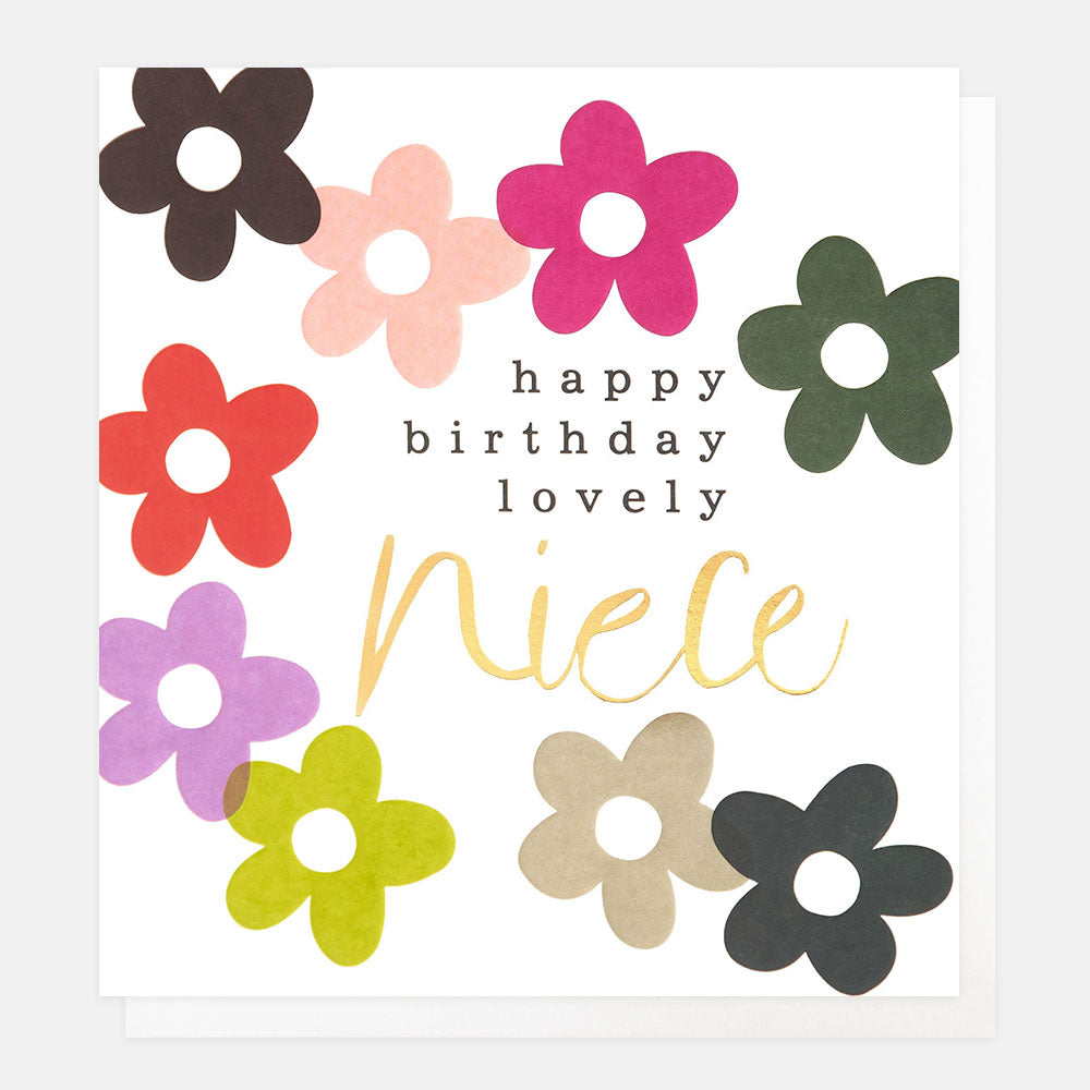 birthday card featuring colourful flowers and 'happy birthday lovely niece' message