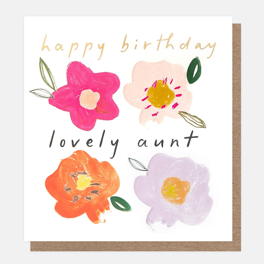 birthday card featuring colourful handpainted style flowers and 'happy birthday lovely aunt' message