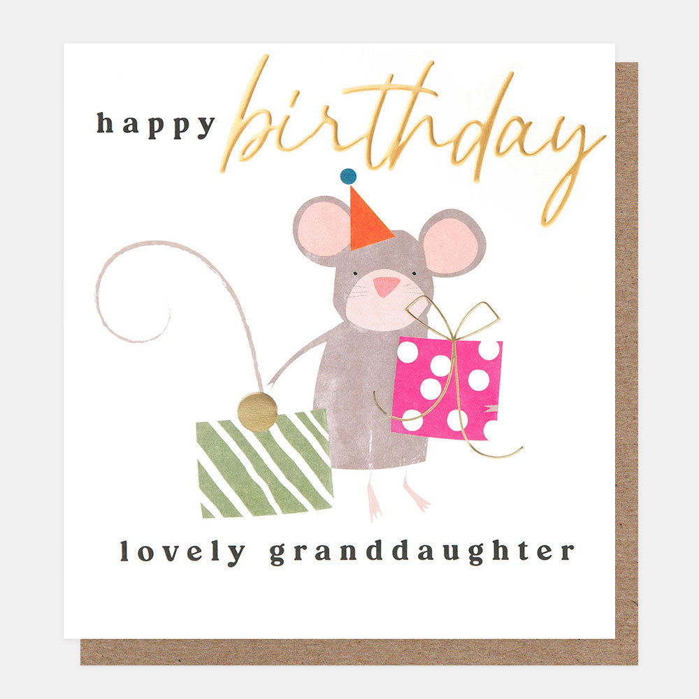 Birthday card with a mouse holding a gift and text 'happy birthday lovely granddaughter' on a white background.