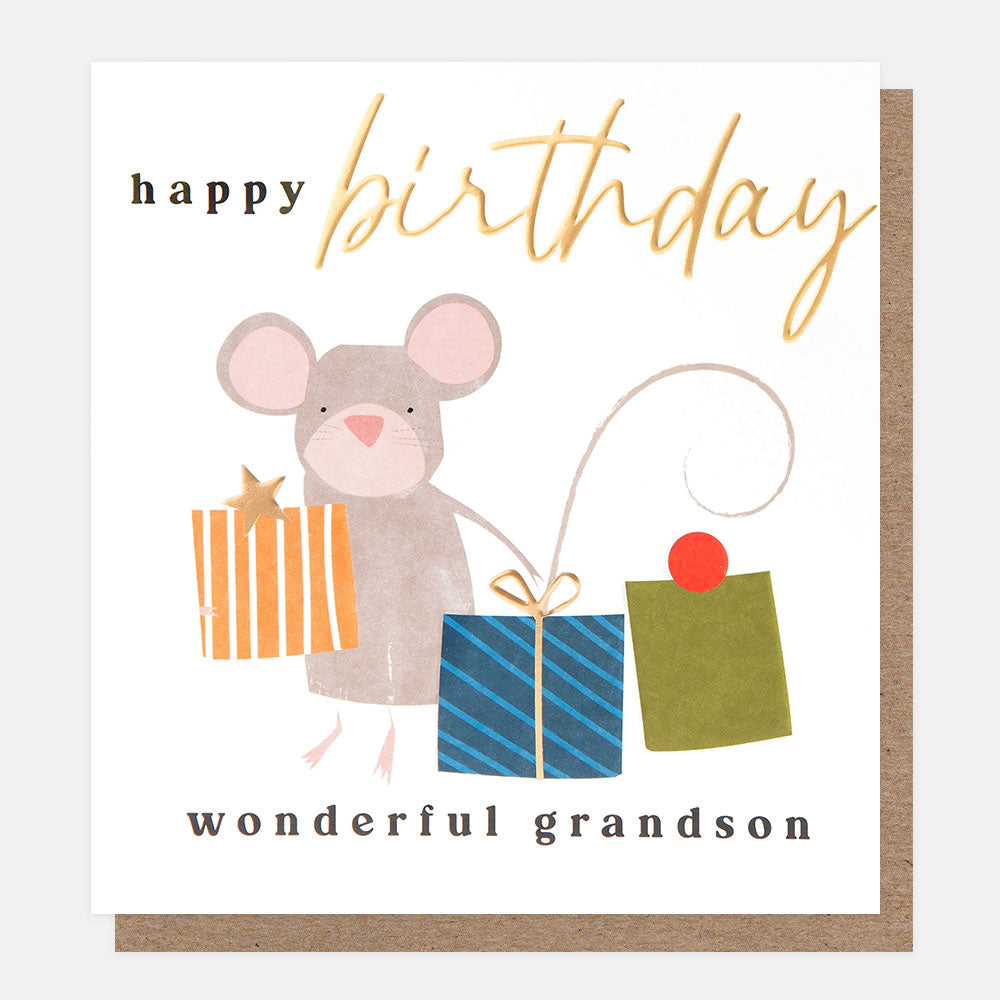 Birthday card with a mouse holding a gift and text 'happy birthday wonderful grandson' on a white background.