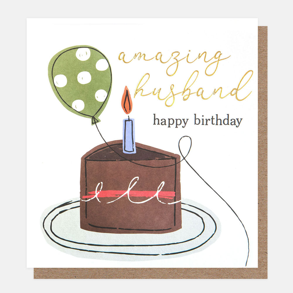 greetings card with a slice of chocolate cake and a green balloon and the text 'happy birthday amazing husband' 