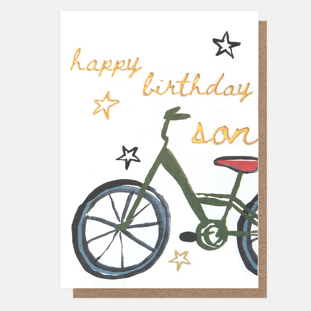 greetings card featuring a green bicycle and stars and the text 'happy birthday son' in gold