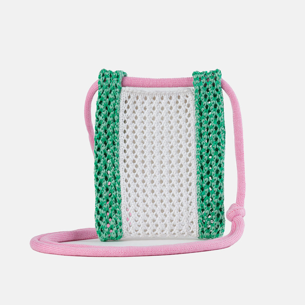 green & white colourblock crocheted raffia phone sling bag