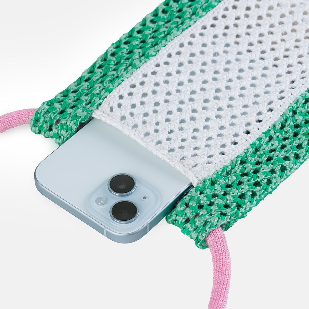 green & white colourblock crocheted raffia phone sling bag