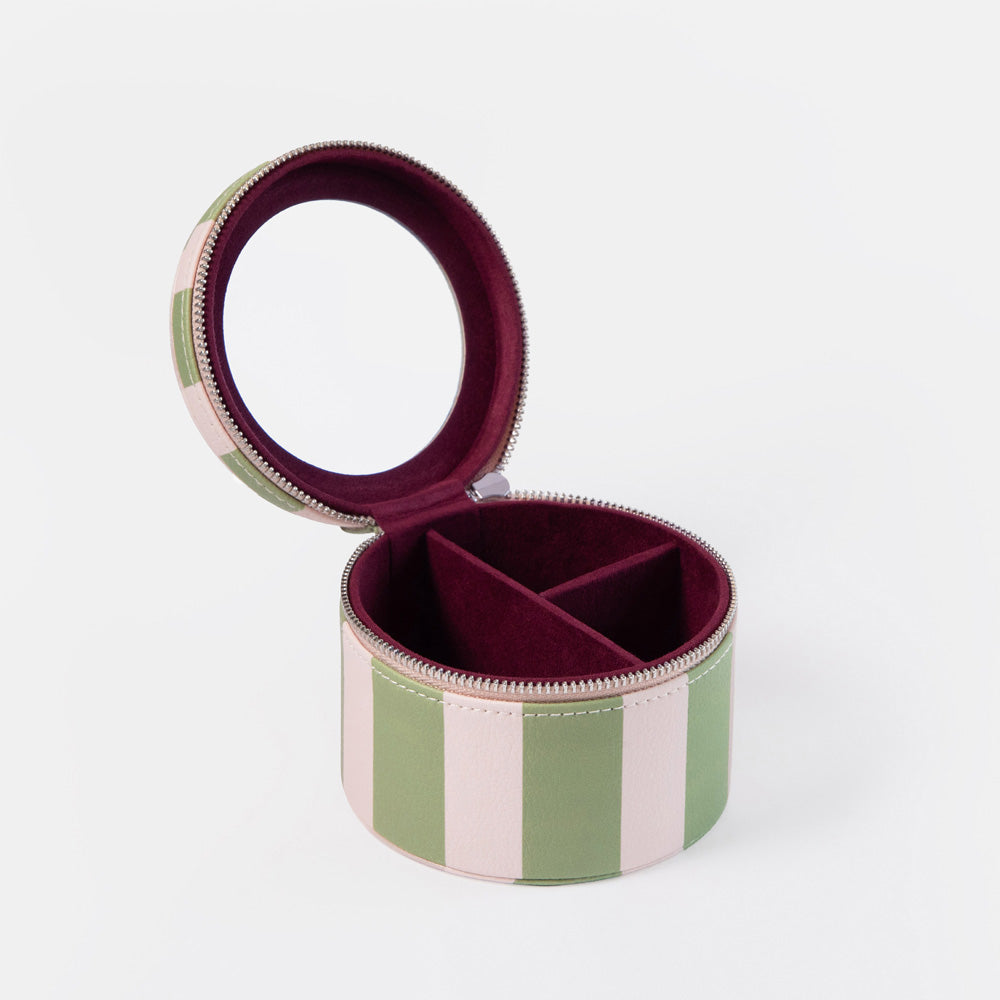 Pink & Green Stripe Round Jewellery Box