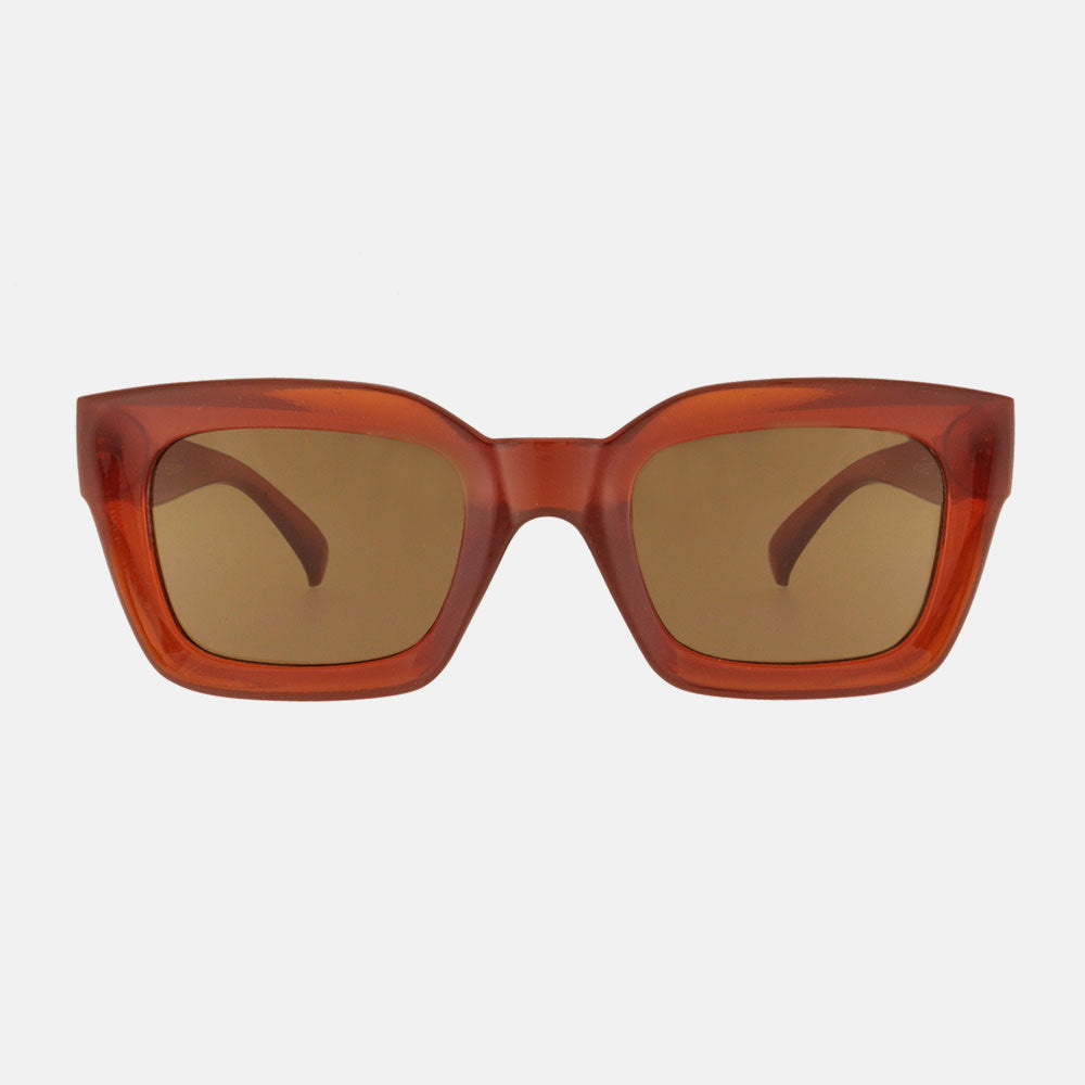turmeric coloured wide rectangular vintage look sunglasses with brown uv protective lenses 