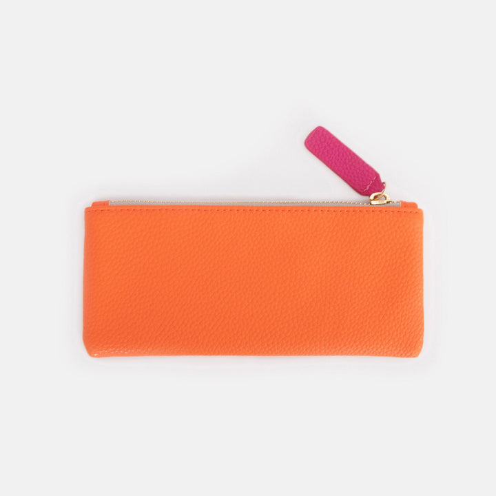 Orange pencil case with a pink zip on a white background